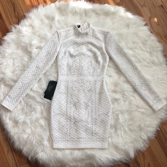bebe Dresses & Skirts - Bebe White Beaded Bodycon Dress Size S